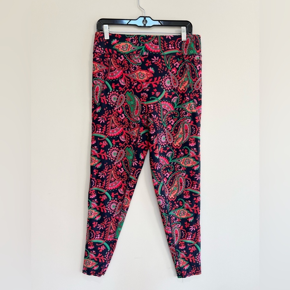 Boden High-Rise Paisley Print Jersey Leggings in Navy Blue/Red/Pink, size 12